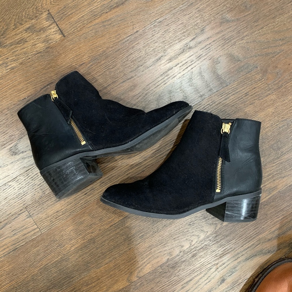Black Faux leather & suede booties w/ gold zipper